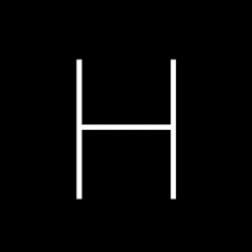 White capital letter H on black background.