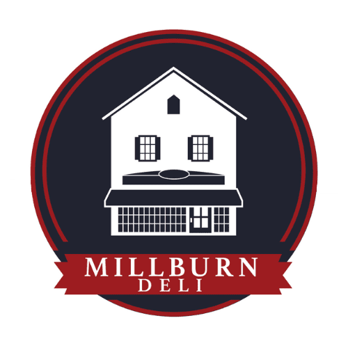 Millburn Deli logo with building illustration.
